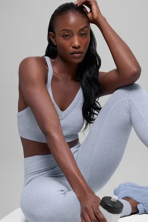 Alo | Seamless Two Tone Rib Bra in Winter Frost Heather Blue, Size: Medium