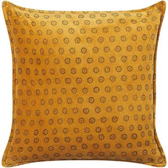 Beliani Coj&iacute;n De Terciopelo Amarillo Mostaza 45 X 45 Cm Sol Bloque Impreso Boho Rapis