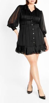 City Chic Journi Stripe Long Sleeve Shirtdress in Black at Nordstrom