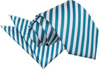 DQT Thin Stripe Fashion Casual Business Party Work Classic Neck Tie, Pocket Square & Cufflinks Set for Men in White and Teal