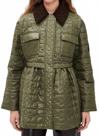Ganni Shiny Quilted Midi Flare Jacket In Kalamata