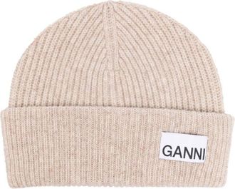 Ganni Beige Logo-patch ribbed beanie