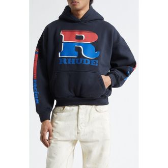Rhude Split Petrol Logo Graphic Hoodie in Vintage Black/Red/Blue at Nordstrom, Size X-Large