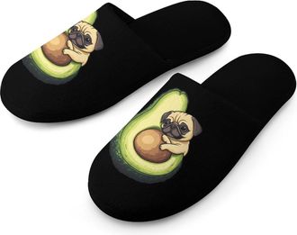 Generic Avocado Pug Dog Warm Mens Slippers Slip On Soft Fleece House Shoes Winter Indoor Outdoor