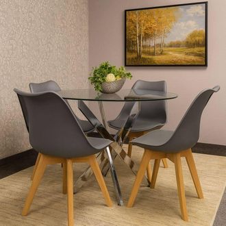 Kosy Koala Round Glass Dining Table Set With 4 Grey Plastic Chairs