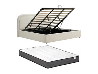 Vente-Unique Letto Con Contenitore 200 X 200 Cm Tessuto Bouclette Beige + Materasso - Fidozia