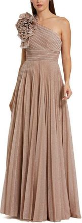 Mac Duggal Womens Pleated Metallic One Shoulder Gown With Ruffle in Champagne at Nordstrom, Size 14