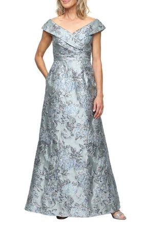 Alex Evenings Metallic Floral Jacquard Off the Shoulder Gown in Ice Sage at Nordstrom, Size 16