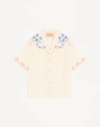 Valentino Valentino Linen Bowling Shirt In San Gallo With VLogo Embroidery Man LATTE 44
