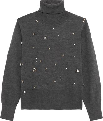 Alpha Studio Long-Sleeve Turtleneck Sweater with Stud and Rhinestone Embellishments