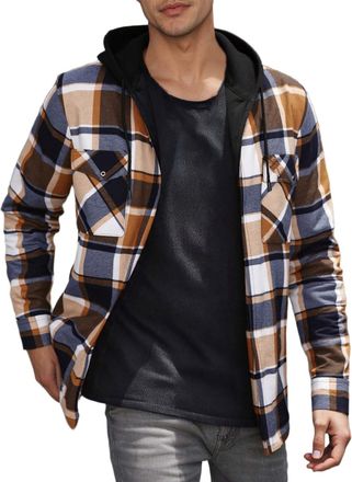 Generic Plaid Casual Sweatshirt Hoodie Long Sleeve Mens Shirt With Pocket Button Down Checked Jacket Flannel Regular Fit (Orange2, XXL)