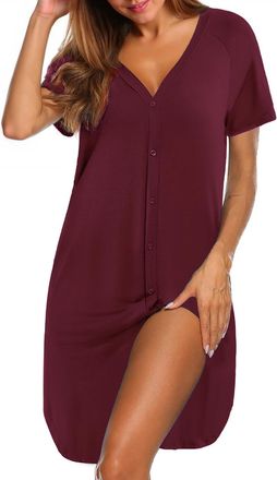 iClosam Womens Nightdress Button Down Nightgown Cotton Soft Nighties Short Sleeve V-Neck Sleepshirt Relaxed Nightshirt Sleepwear