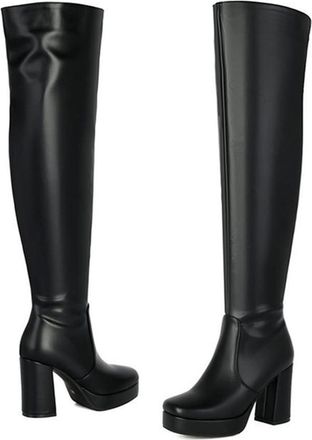 Generic Womens Minimalist Fashion Over The Knee Boots Platform Square Toe Chunky Heels Dress Pumps Shoes with Side Zipper (Black,5.5)