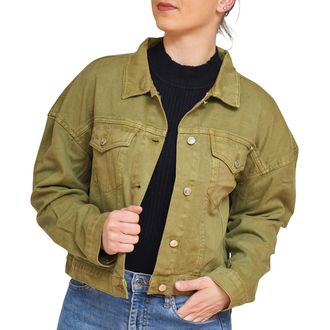 Generic Oversized Denim Jackets Women, Cropped Fit Heavy Stone Wash Ladies Jeans Top Girls Long Sleeve Casual Outwear - Olive - 3X-Large