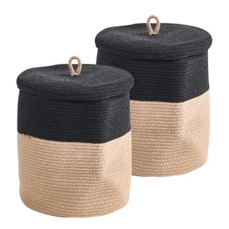 Beliani Conjunto De 2 Cestas De Algod&oacute;n 32 Cm A Rayas Tapa Accesorios Boho Negro/beige Silopi