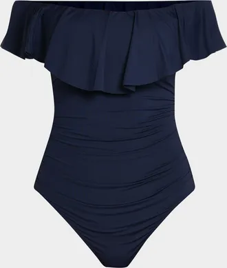 La Blanca Off-Shoulder Ruffle Lace-Up One-Piece Swimsuit