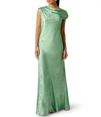 Adrianna Papell Cowl Floor-Length Jacquard Metallic Formal Dress In Jade Quartz