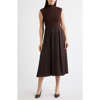 Vince Camuto Mixed Media Rib Funnel Neck Midi Dress in Brown at Nordstrom, Size Medium