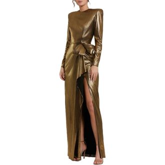 Mac Duggal Metallic Jersey Long Sleeve Gown With Bow in Antique Gold at Nordstrom, Size 16