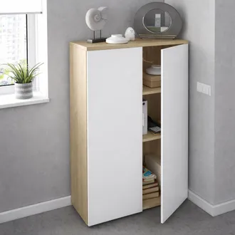 Dmora Armario Multifunci&oacute;n Plano, Armario Multiusos Con 2 Puertas, Zapatero Con 3 Baldas, Zapatero Moderno, Cm 80x33h119, Roble Y Blanco, Con Embalaje Refor