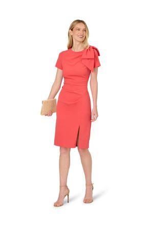 Adrianna Papell Womens Pleated Bow Midi Dress - Peach - Size 16 UK