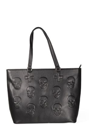 Banned Menth Bag, Black PU Tote with Embossed Skull Design, Gothic Alternative Style, 34 x 32 x 12cm, 13 Litre Capacity