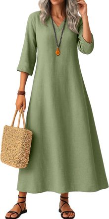 Generic 3/4 Sleeve Linen Dress for Women Casual Summer Cotton Solid Color V Neck Flowy Dress Loose Fit Boho Maxi Dresses Green