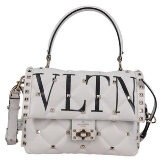 Valentino Garavani Vltn Candystud Top Handle Bag Printed Leather White Leather Handbag (Pre-Owned)