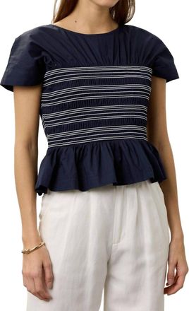 Peter Som Ruffle Smocked Short Sleeve Blouse In Navy