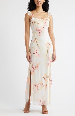 Open Edit Ruffle Chiffon Maxi Dress in Ivory- Pink Floating Iris at Nordstrom, Size Xx-Small
