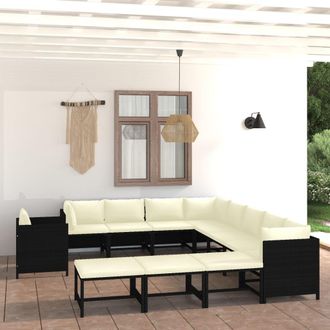 vidaXL Set De Muebles De Jard&iacute;n 12 Pzas Cojines Rat&aacute;n Sint&eacute;tico Negro Vidaxl