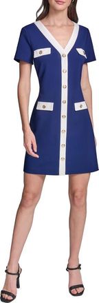 Karl Lagerfeld Short Sleeve Scuba Crepe Dress in Maritime/Soft White at Nordstrom, Size 14