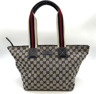 Gucci Gg Canvas Navy Gg Canvas Leather Tote Bag (Pre-Owned)