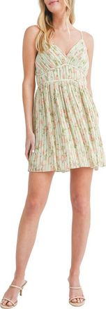 All in Favor Pleated Floral Minidress in Romantic Green/Coral Rose at Nordstrom, Size X-Large