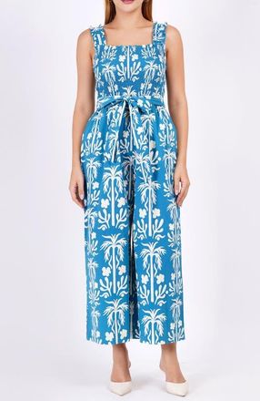 Leota Janet Cropped Jumpsuit in Palm Fields Mykonos Blue at Nordstrom, Size Xx-Large