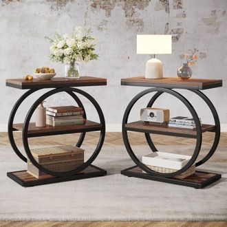 Tribesigns Tribesigns End Table Set of 2, Narrow End Table with 3 Storage Shelves, Wooden Side Table, Industrial Small Sofa Side Table for Living Room, Slim
