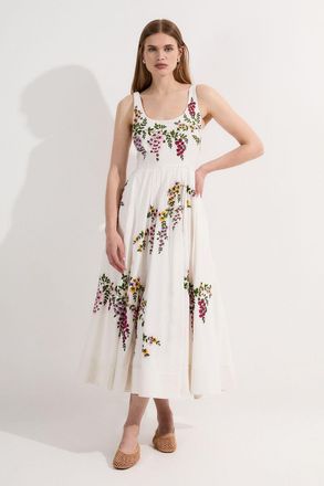 Karen Millen Womens Petite Floral Embroidered Cotton Linen Woven Prom Dress - Size 16 UK
