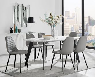 Furniturebox Andria White Marble Effect & Black Leg 6 Seater Dining Table & 6 Corona Faux Leather Chairs in Grey