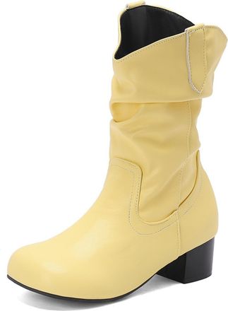 Generic Womens Retro Ruched Mid-Calf Boots with Round Toe Low Block Heels PU Leather Comfortable Anti-Slip Wear-Resistant for Daily Street Casual Party,Yellow