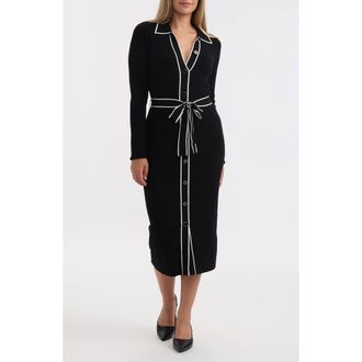 Ellen Tracy Tipped Long Sleeve Shirtdress in Black at Nordstrom Rack, Size Large