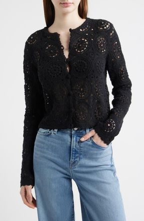 Frame Denim The Crochet Cotton Button-Up Cardigan in Black at Nordstrom, Size X-Large
