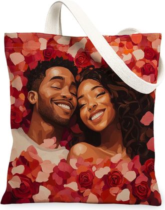 Generic Romantic Valentines Day Canvas Tote Bag for Shopping 13x15, Rose African American Couple Reusable Grocery Print Pattern Bag for Women, Love Lover Beac