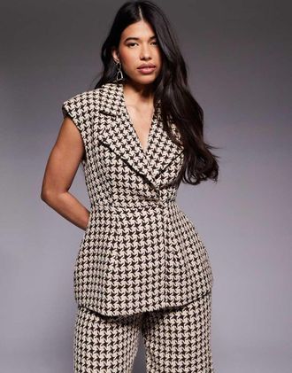 Asos Gilet strutturato color cioccolato con motivo pied de poule in coordinato-Multicolore