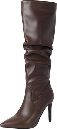 Generic Women Knee Boots Heels Stiletto Slip-On Pointed Toe Soft Leather Pleated Long Boots
