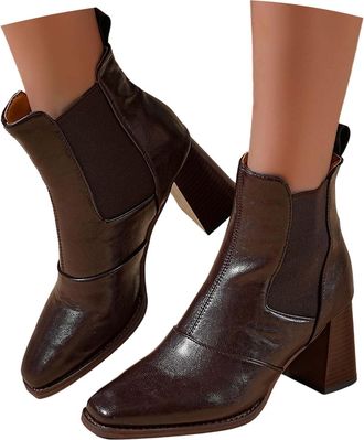 Generic Woman 2026 Ankle Boots Chunky Heel Square Toe Elastic Fashion Lace Up Comfortable Footwear Durable Sole Versatile Casual Dress Winter Fall Season Styl