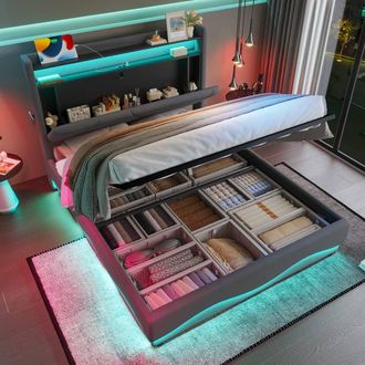Matteo Plush Velvet Bed Frame with LED, Storage & USB - Dark Grey King