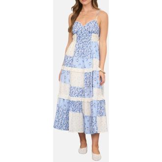 Blu Pepper Patchwork Print Tiered Sundress in Blue Multi at Nordstrom Rack, Size Medium