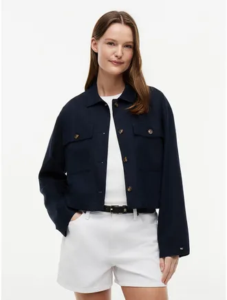 Tommy Hilfiger Womens Linen-Blend Cropped Shirt Jacket - Navy Blue - XXL