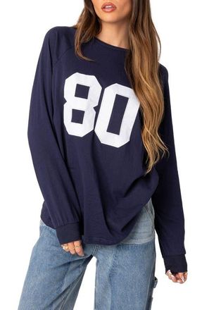 Edikted 80 Oversize Long Sleeve Cotton Graphic T-Shirt in Navy at Nordstrom, Size X-Large