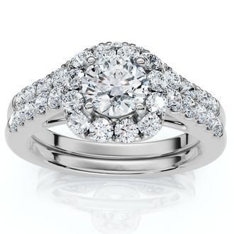 Pompeii3 1 1/10Ct Cushion Halo Diamond Engagement Ring & Matching Band Gold/Pt Lab Grown